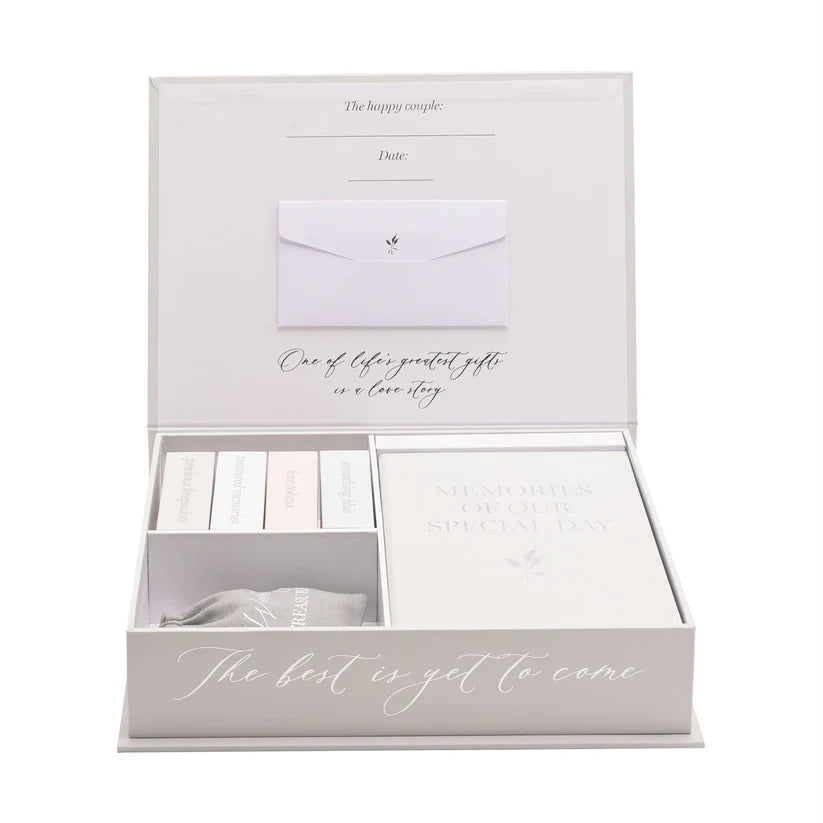 Our Wedding Keepsakes Memory Box – Grey Gift Set with Photo Album, Drawstring Bag & Storage Boxes
