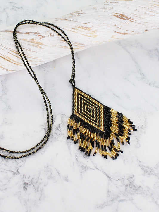 Suzie Blue Beaded Aztec Pendant Necklace - Black Gold