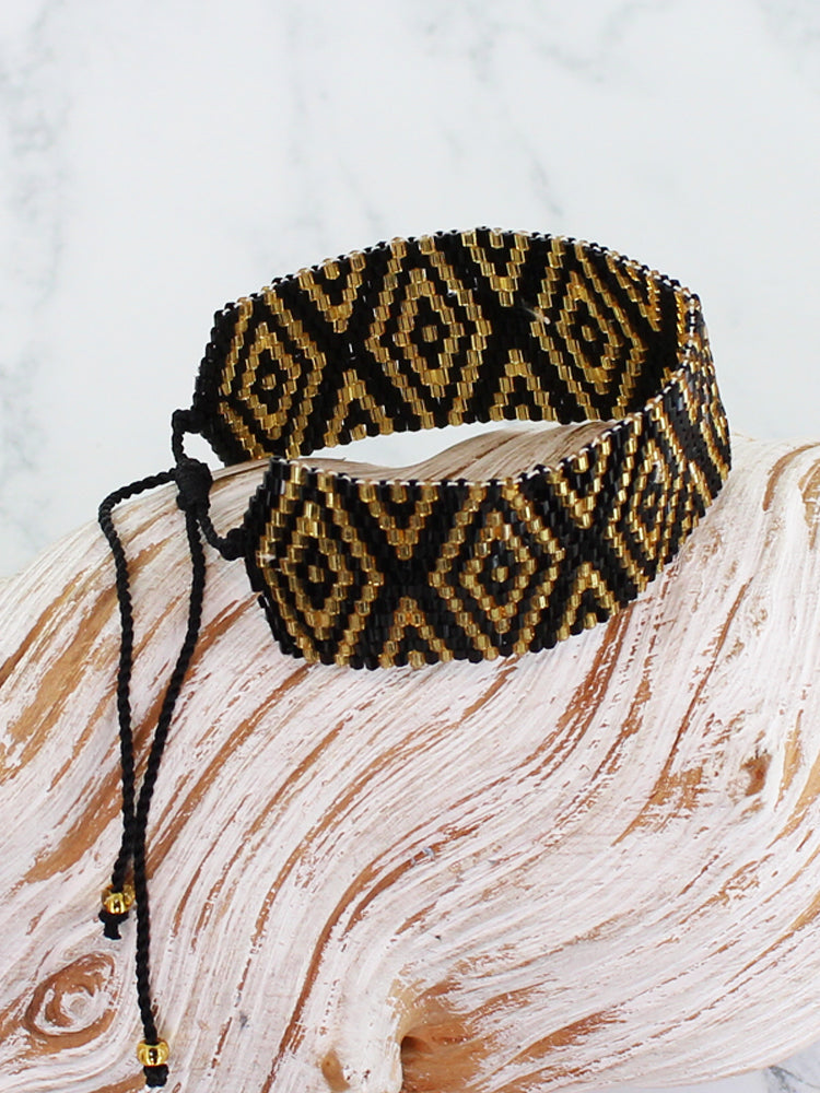 Suzie Blue Beaded Aztec Adjustable Bracelet - Black Gold