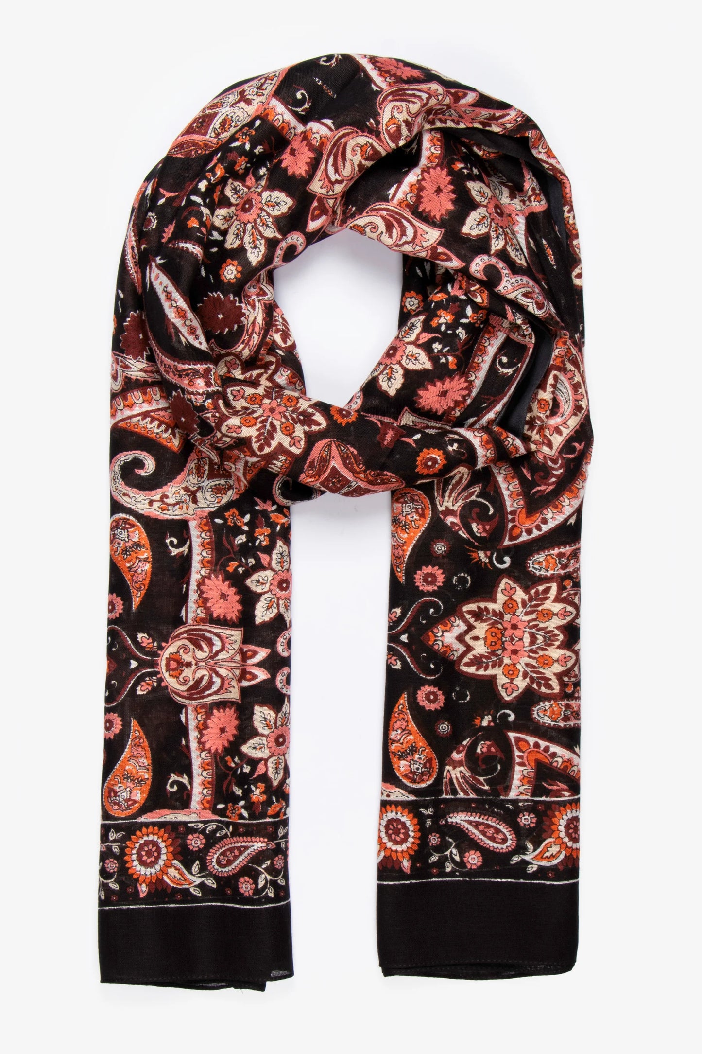 Hazel Lightweight Scarf - Black/Orange, Mosaic Paisley - One-size