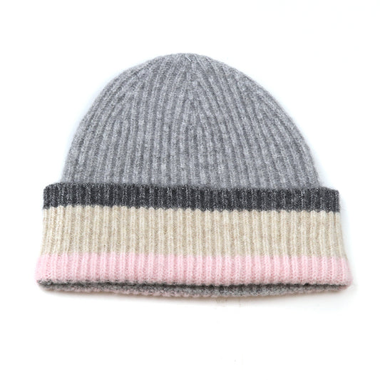 Grey, Pink & Beige Ribbed Knit Beanie Hat