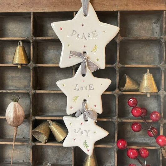 Handmade Hanging Ceramic Decoration with Thoughtful Message - Peace Love Joy Star