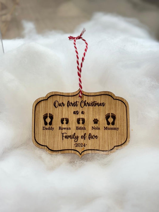 Personalised Wooden Christmas Decoration | Family Names & Paw Prints | First Christmas Keepsake