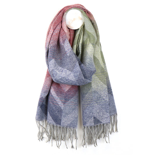 Pink & Blue Chevron Weave Winter Scarf with Fringed Edge
