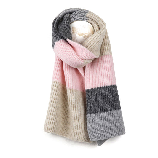 Pink, Grey & Natural Stripe Knit Scarf