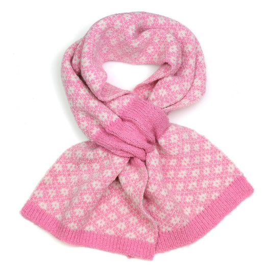 Pink and White Scandi Floral Pull-Through Scarf – Recycled Yarn Winter Scarf with Reversible Retro Knit