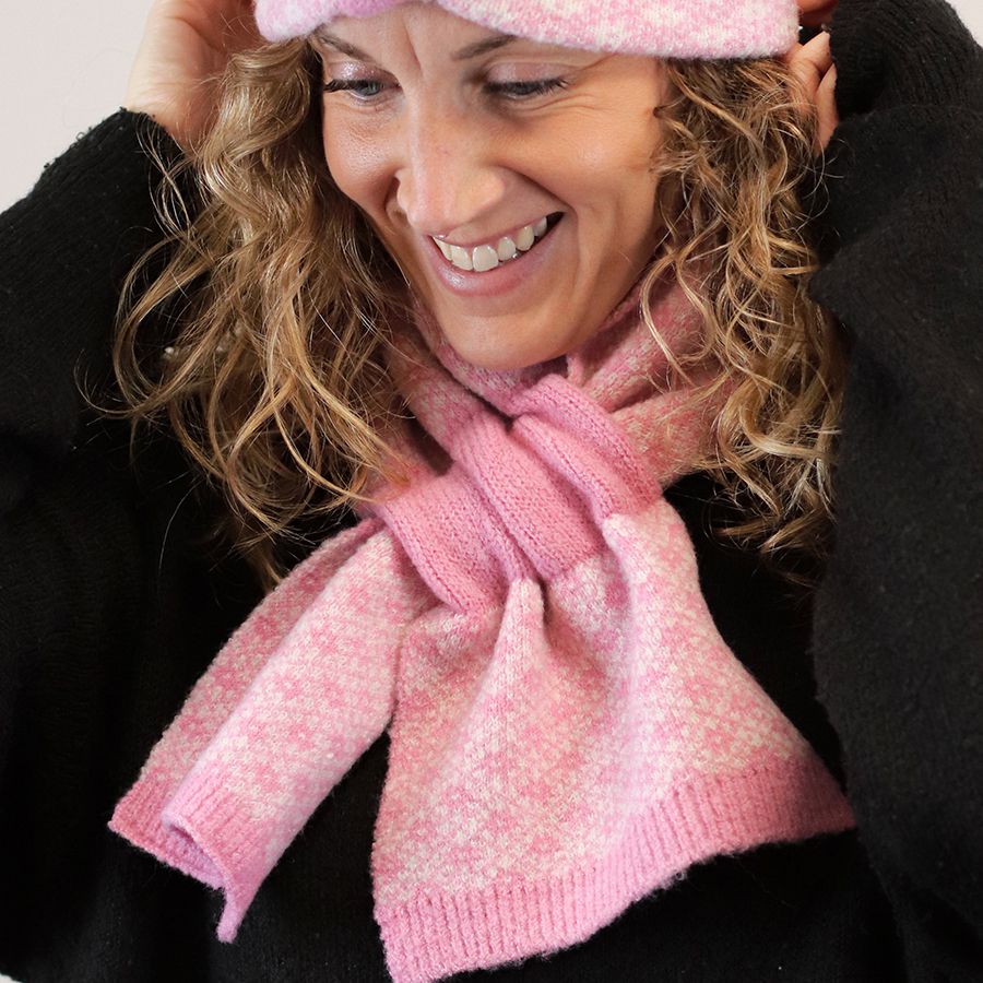 Pink and White Scandi Floral Pull-Through Scarf – Recycled Yarn Winter Scarf with Reversible Retro Knit