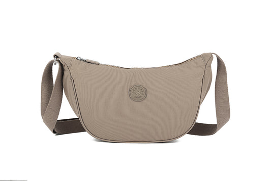 Mini Round Crossbody Bag - Soft Material, Crescent Moon Shape, Trendy Everyday Style - Mushroom Grey