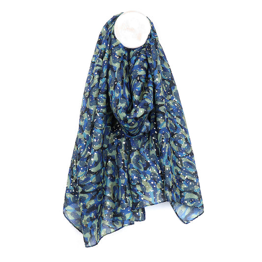 Recycled Blue Camouflage Print Scarf – Navy with Green & Silver Foil Overlay