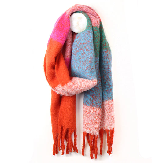 Red & Aqua Check Scarf – Soft Woven Recycled Blend with Tassel Ends