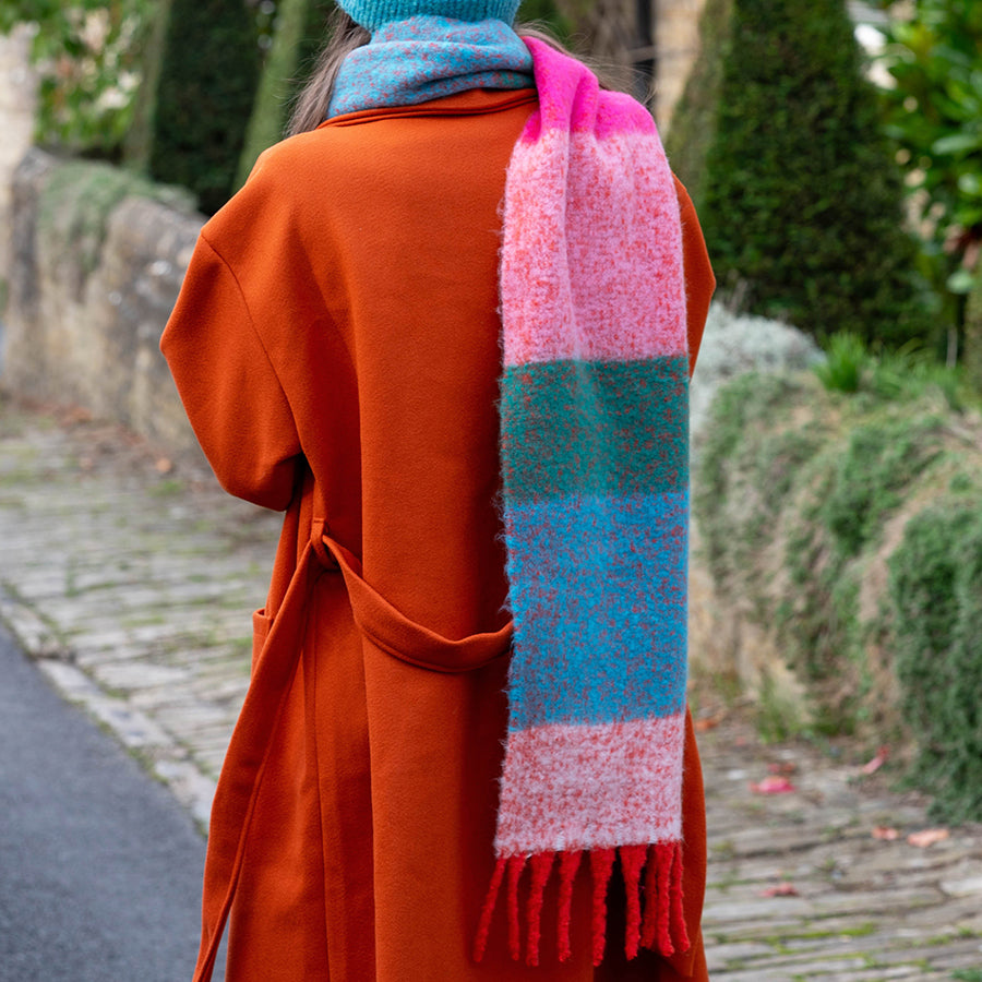 Red & Aqua Check Scarf – Soft Woven Recycled Blend with Tassel Ends