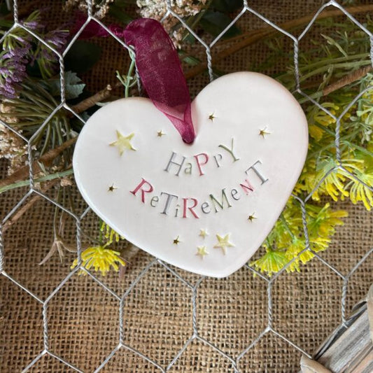 Handmade Hanging Ceramic Heart with Thoughtful Message - Retirement