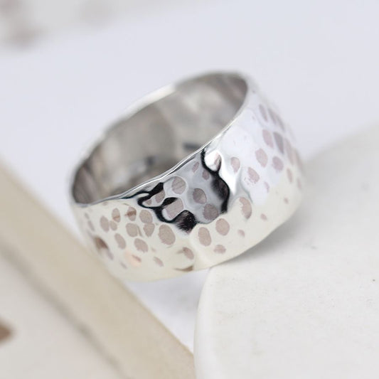 POM Sterling Silver Hammered Wide Band Ring