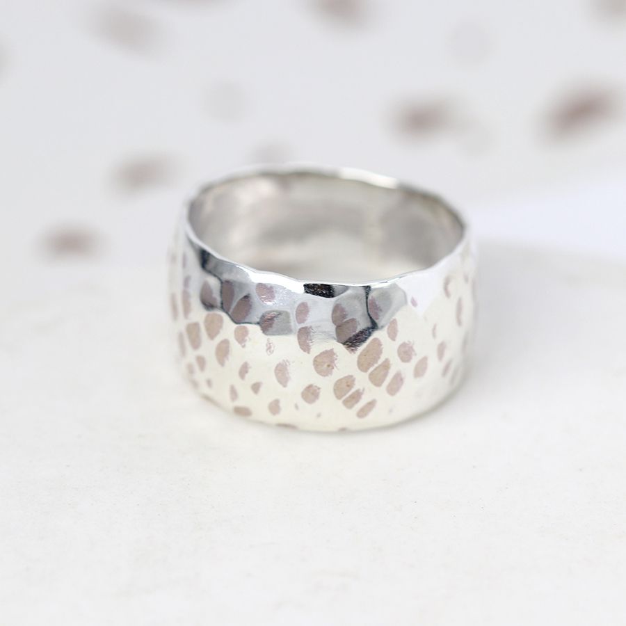 POM Sterling Silver Hammered Wide Band Ring