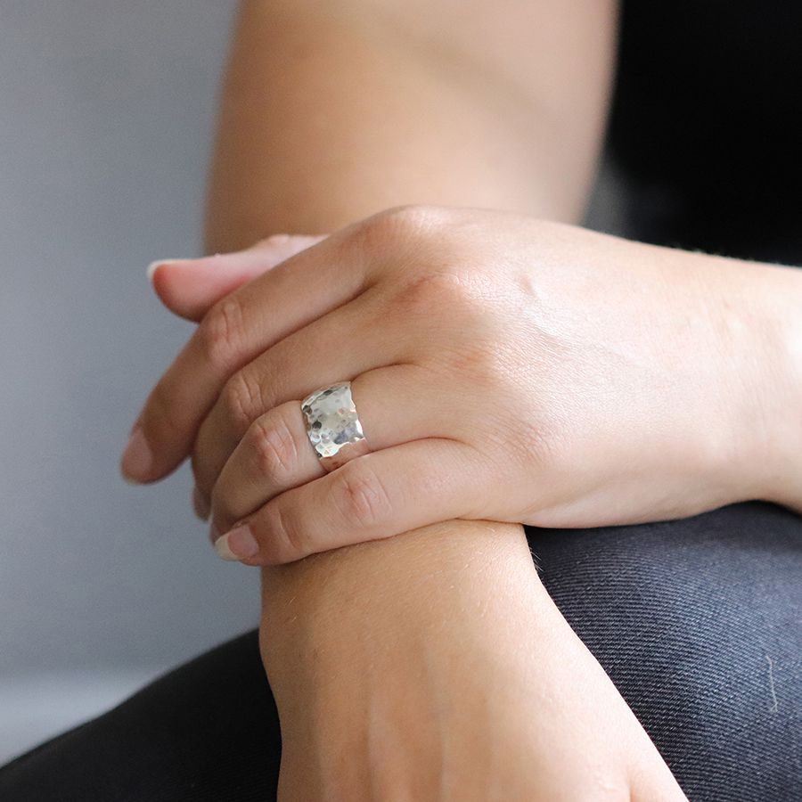 POM Sterling Silver Hammered Wide Band Ring