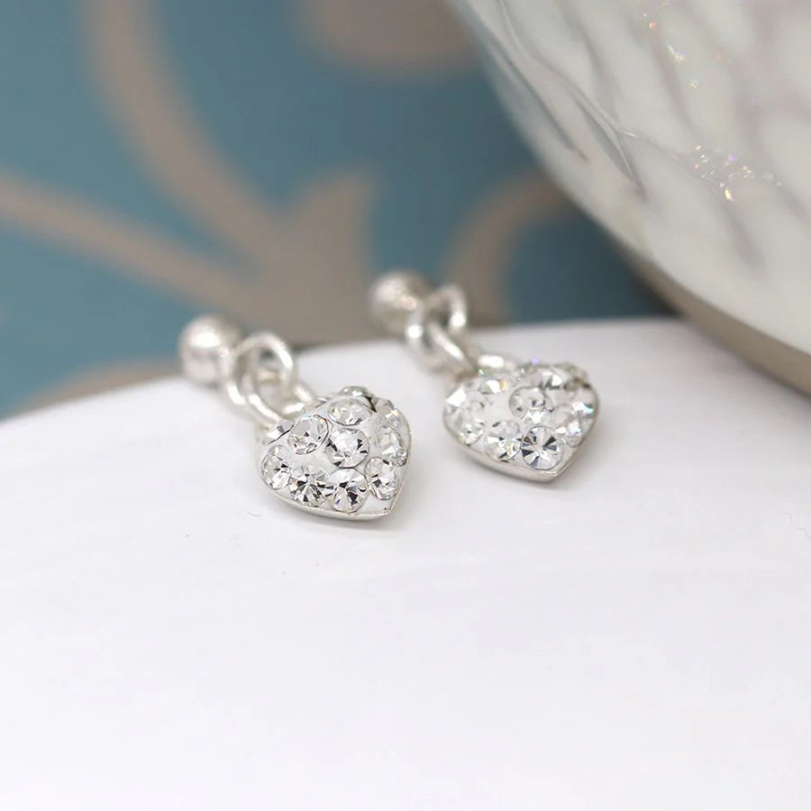 Peace Of Mind (POM) Sterling Silver tiny clear crystal heart drop earrings. Available at Sweet P, Burnside, Glasgow