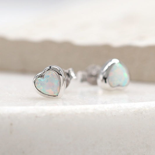 POM Sterling Silver opal heart stud earrings