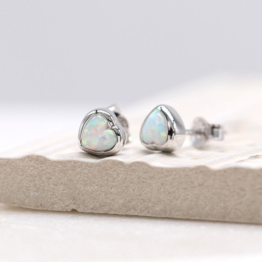 POM Sterling Silver opal heart stud earrings