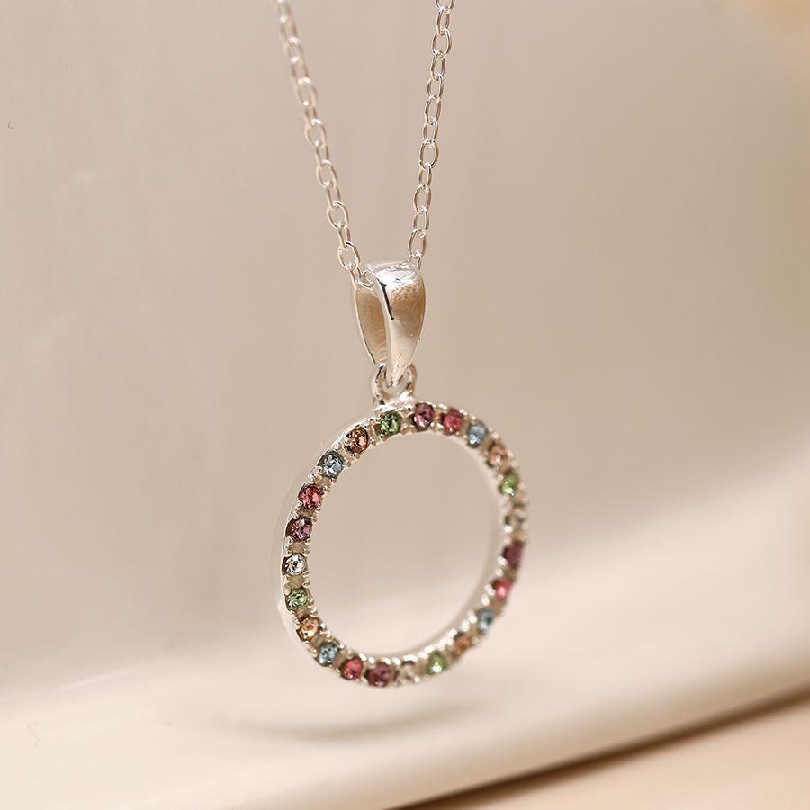 POM Sterling Silver and rainbow rhinestone circle necklace