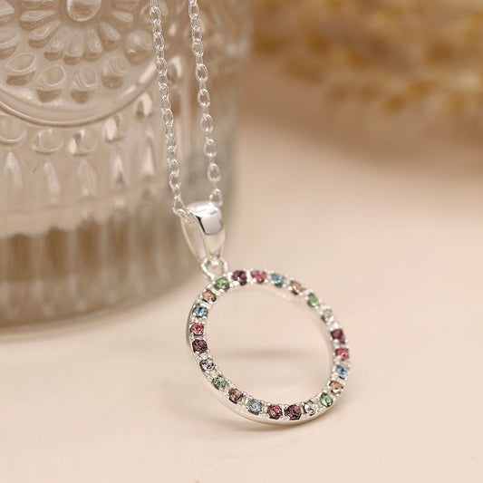 POM Sterling Silver and rainbow rhinestone circle necklace