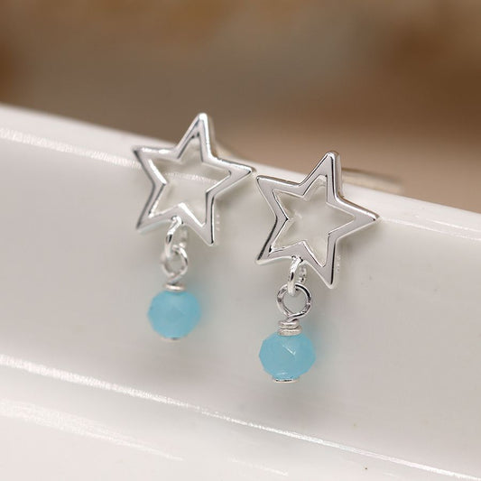 POM Sterling Silver Star and aqua bead earrings