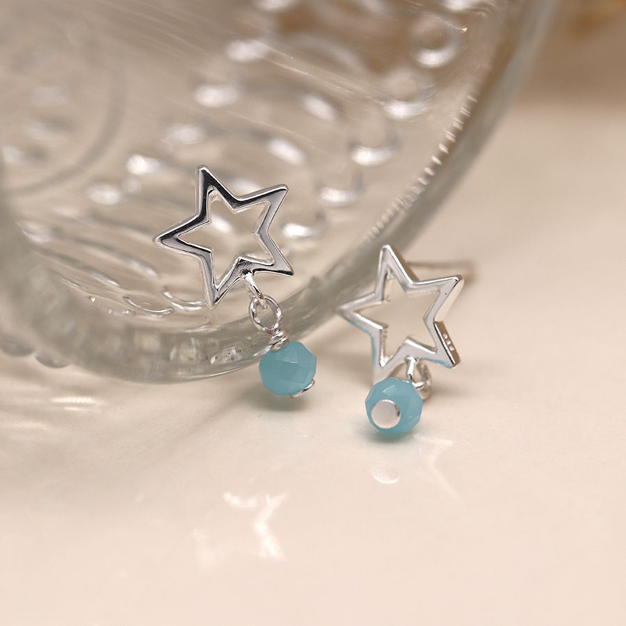 POM Sterling Silver Star and aqua bead earrings