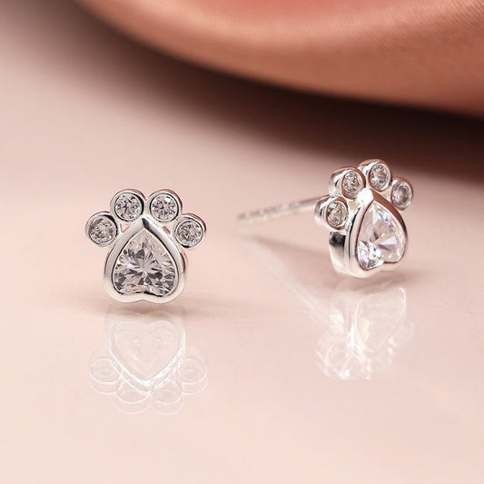 Sterling Silver Crystal Paw Print Stud Earrings - POM