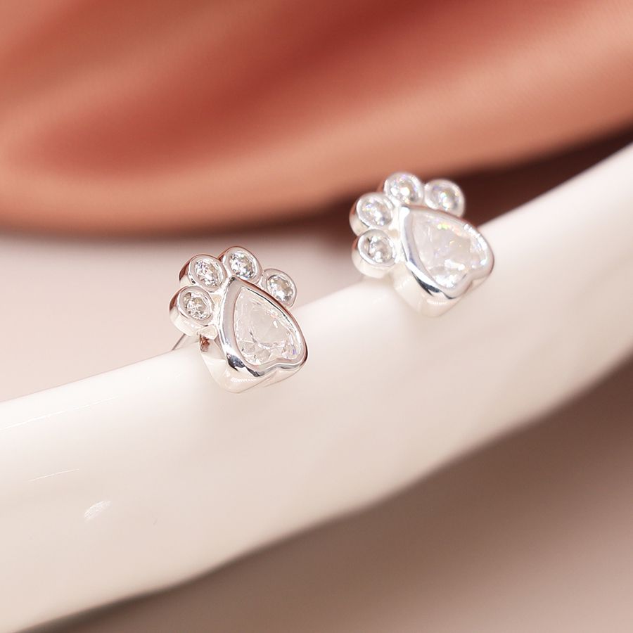 Sterling Silver Crystal Paw Print Stud Earrings - POM