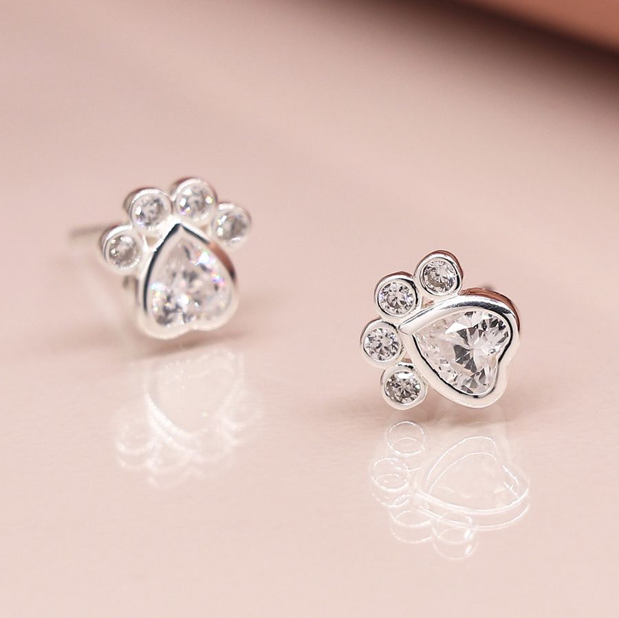 Sterling Silver Crystal Paw Print Stud Earrings - POM