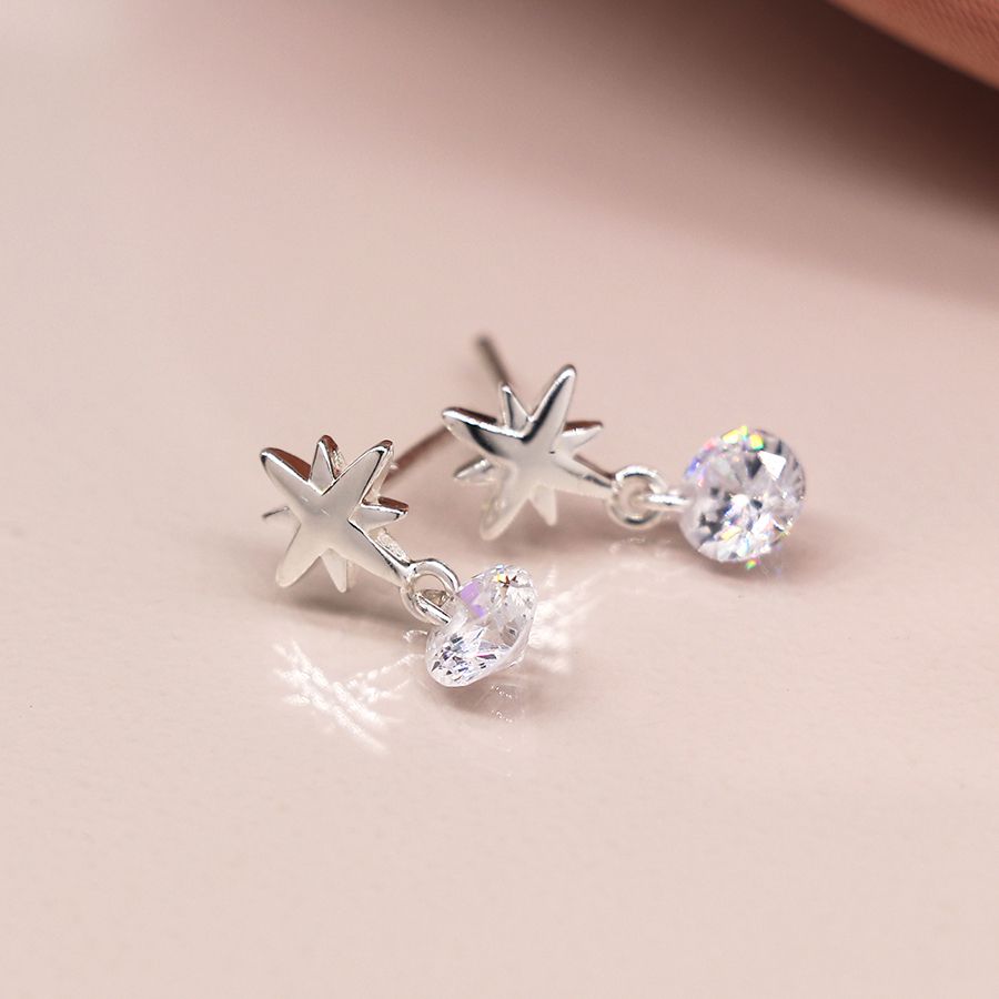 Sterling Silver Star and CZ Drop Stud Earrings - POM