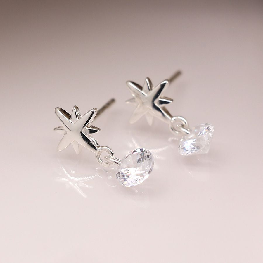 Sterling Silver Star and CZ Drop Stud Earrings - POM