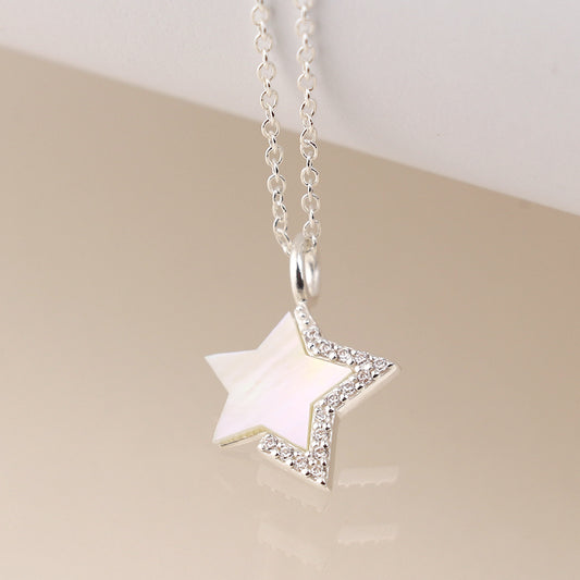 Sterling Silver Crystal Edged Mother of Pearl Star Necklace