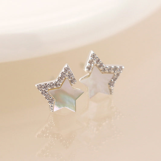 Sterling Silver Crystal Edged Mother of Pearl Star Stud Earrings