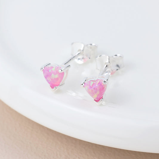 Sterling Silver Pink Opal Heart Stud Earrings