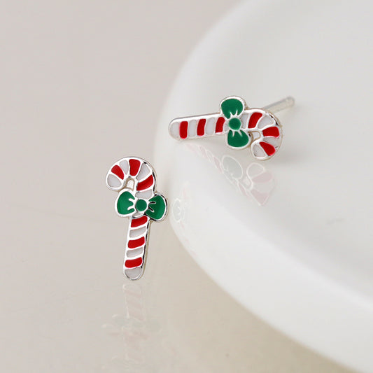 Sterling Silver Christmas Candy Cane Stud Earrings