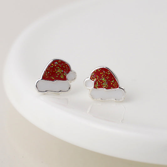 Sterling Silver Christmas Santa Hat Stud Earrings with Red Glitter