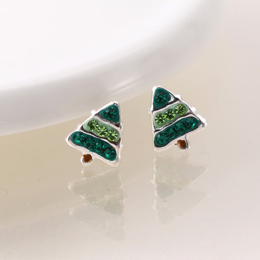 Sterling Silver Christmas Tree Stud Earrings with Green Crystals