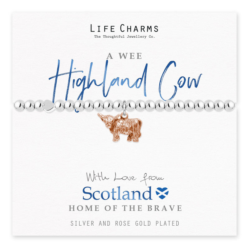 With Love From Scotland Silver Highland Cow Beaded Stretch Bracelet - Life Charms Jewellery. Available at Sweet P, Burnside, Glasgow