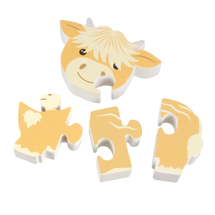 Orange Tree Toys Highland Cow Wooden Puzzle: Eco-Friendly Toddler Fun. Available at Sweet P, Burnside, Glasgow