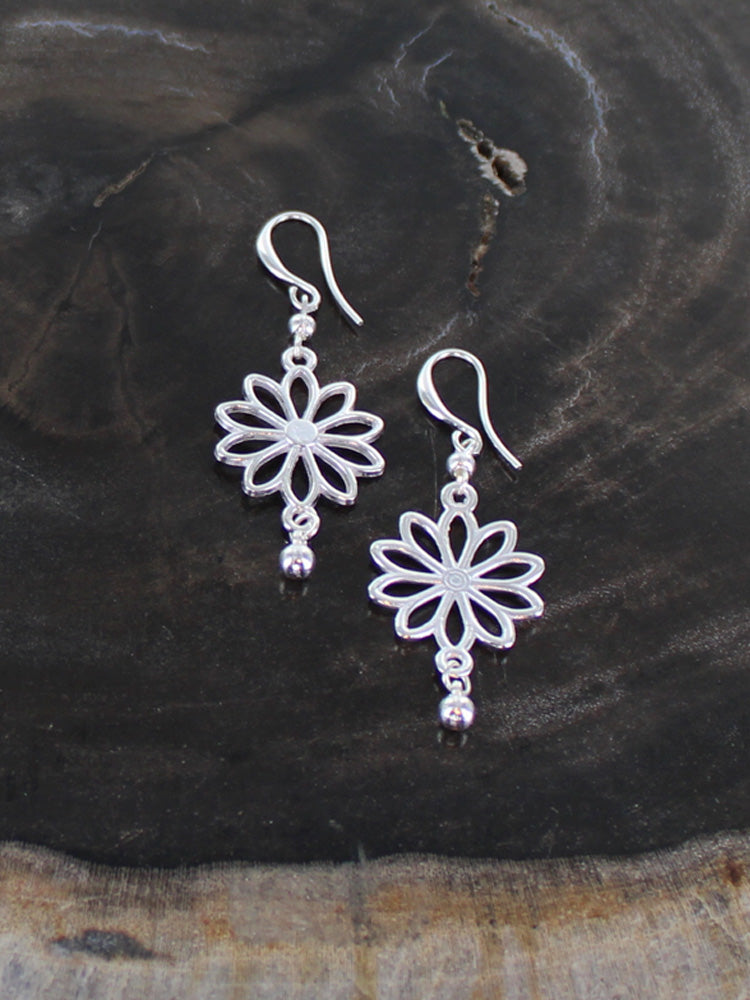 Suzie Blue Silver Plated Flower Drop Earrings. Available at Sweet P, Burnside, Glasgow