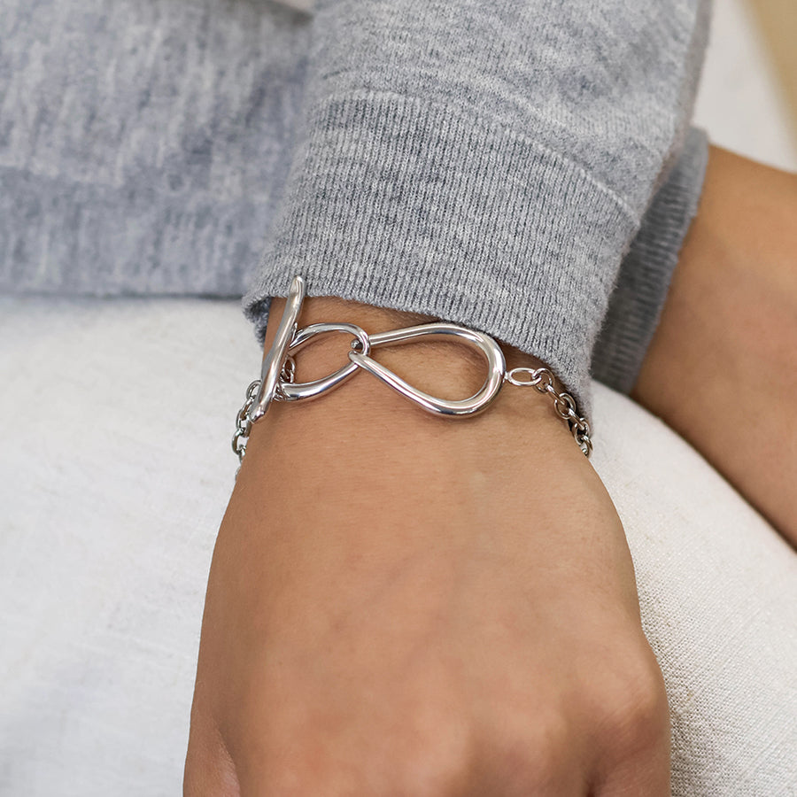Moebius stainless steel platinum plated infinity teardrops t-bar bracelet