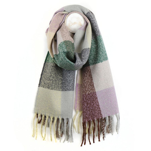 Sage and Lilac Check Blanket Scarf with Tassel Fringe – Soft Winter Scarf in Muted Green, Beige, and Lilac