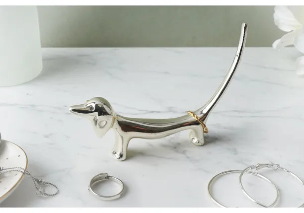 Silver Sausage Dog Ring Holder - Adorable and Functional Jewellery Organiser