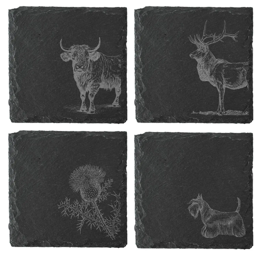 Handcrafted Slate Coasters Set – Custom Engraved Scottish Designs | Highland Cow, Stag, Scottish Terrier, Thistle