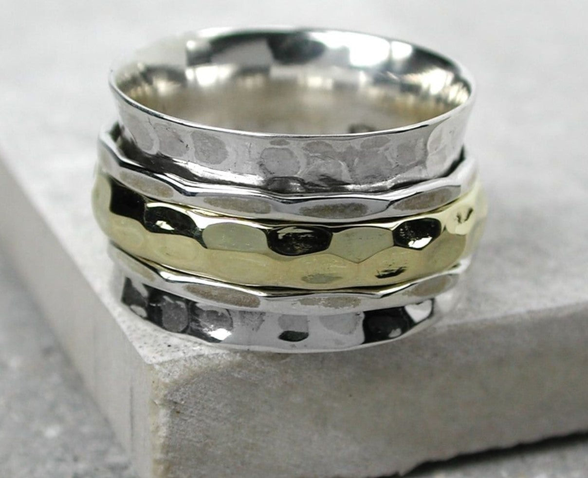 POM Sterling Silver and Brass Hammered Spinning Ring