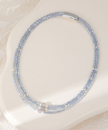 Short Beaded Necklace with Magnetic Clasp – Blue & Grey