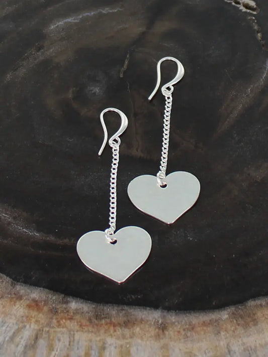 Silver Chain Drop Heart Earrings