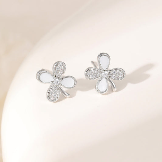Silver Flower Stud Earrings with Crystal Detail