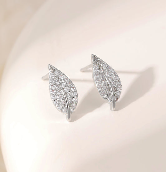 Silver Leaf Stud Earrings with Crystal Embellishment