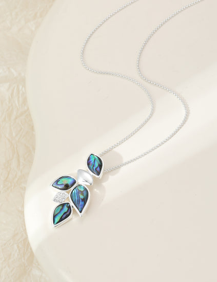 Silver Pendant Necklace with Mother of Pearl Green Abstract Leafs
